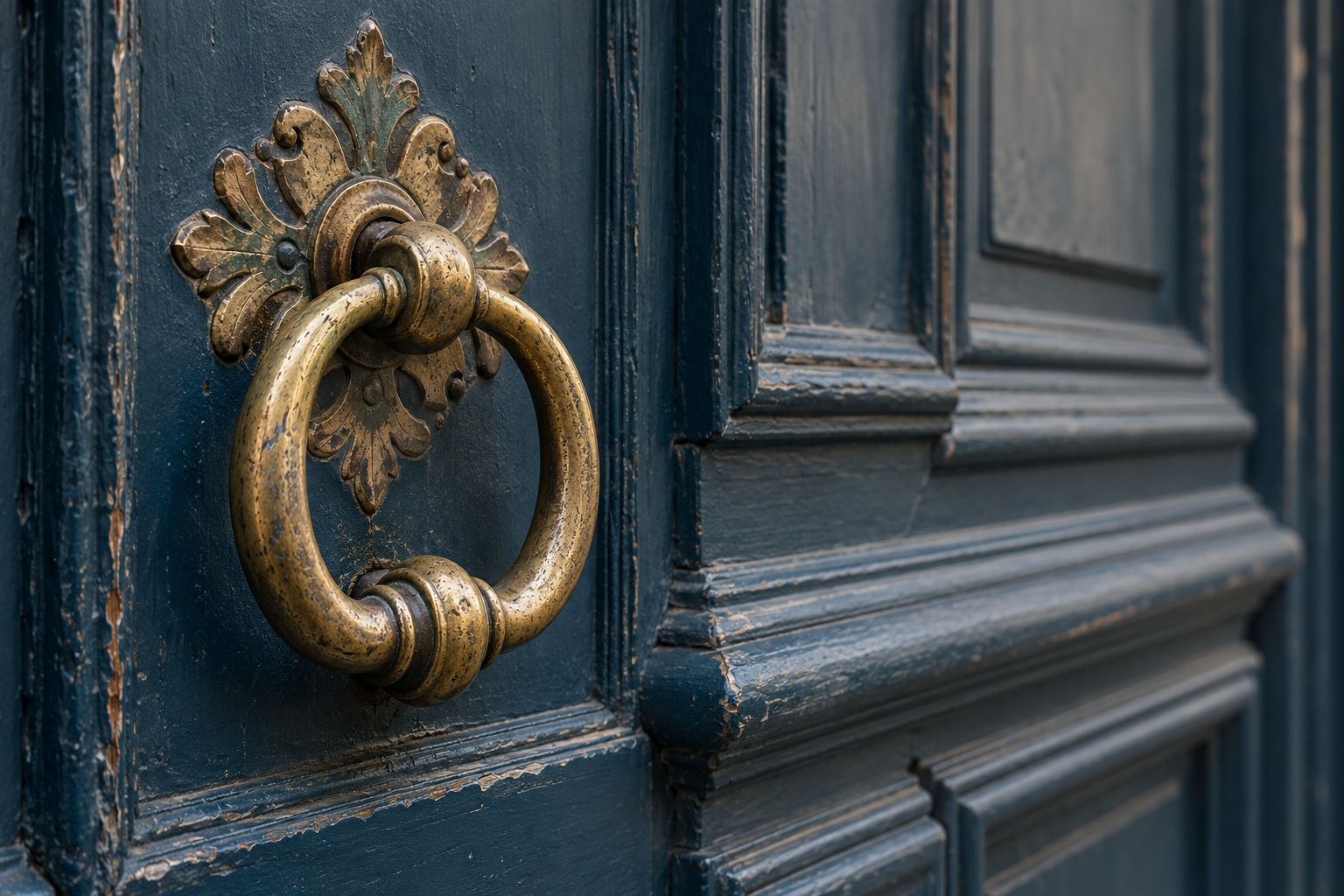 Heurtoir ancien sur une porte cochère bleue