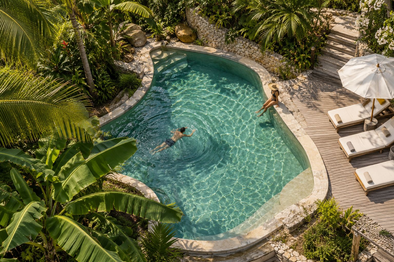 Piscine entourée de végétation tropicale